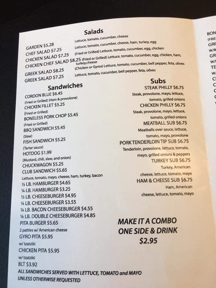 Restaurant menu with dessert and coffee selections.