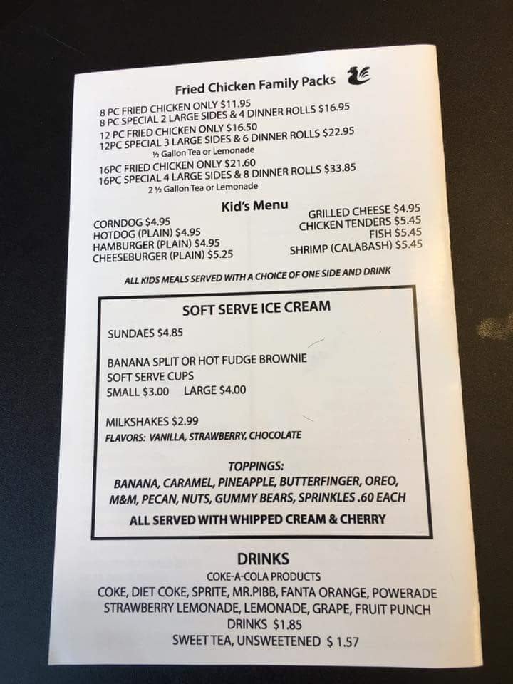 Printed seafood menu with lunch and dinner options.